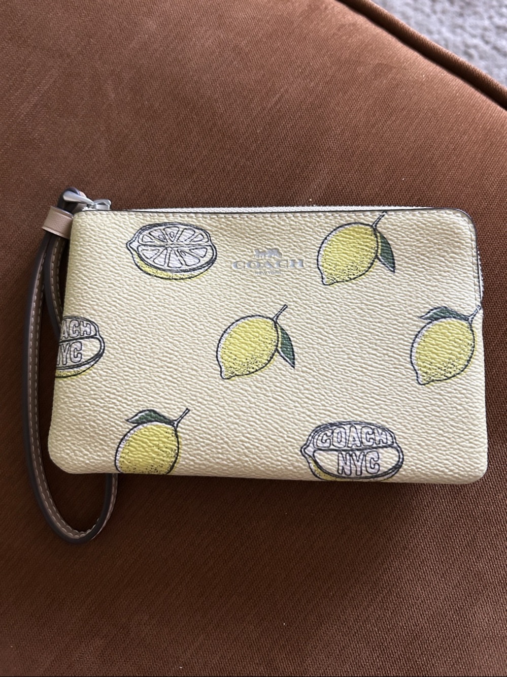Coach Lemon Print Wristlet in Yellow and Brown
